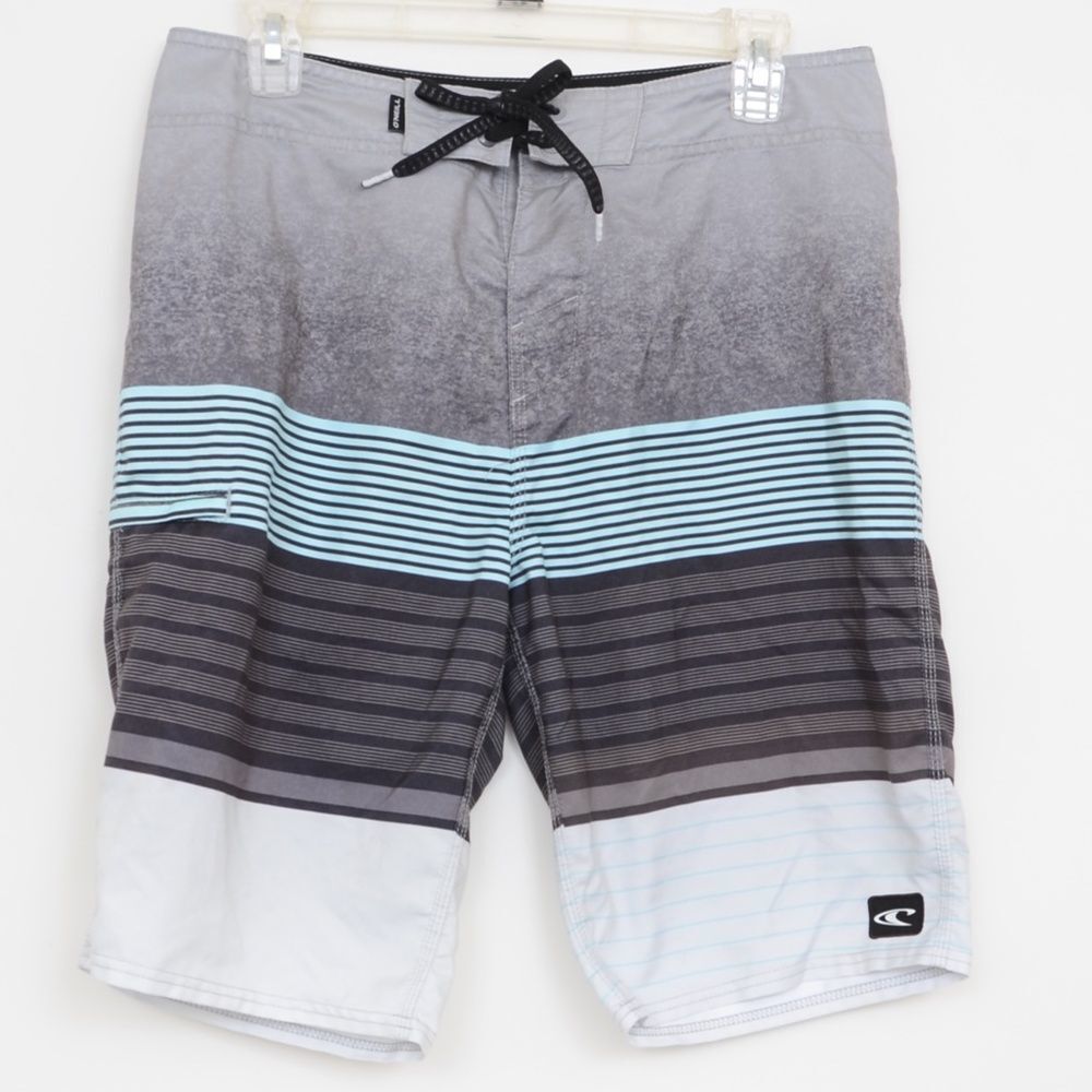 O'Neill Men's Size 32 Dark Grey Stripe Board Shorts Pockets Beach Swim‎ Trunks